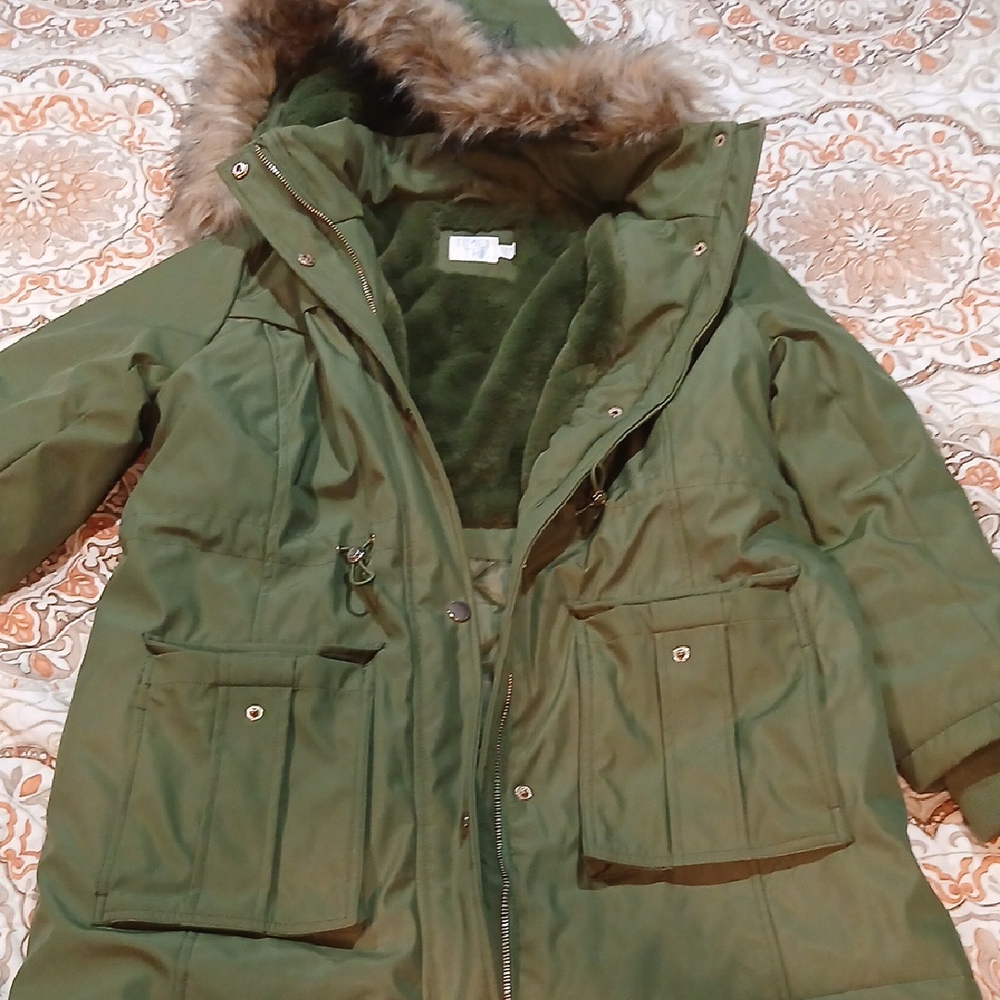 Olive Green Parka with Faux Fur Trim coat